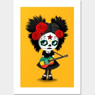 Sugar Skull Girl Playing Ethiopian Flag Guitar Posters and Art